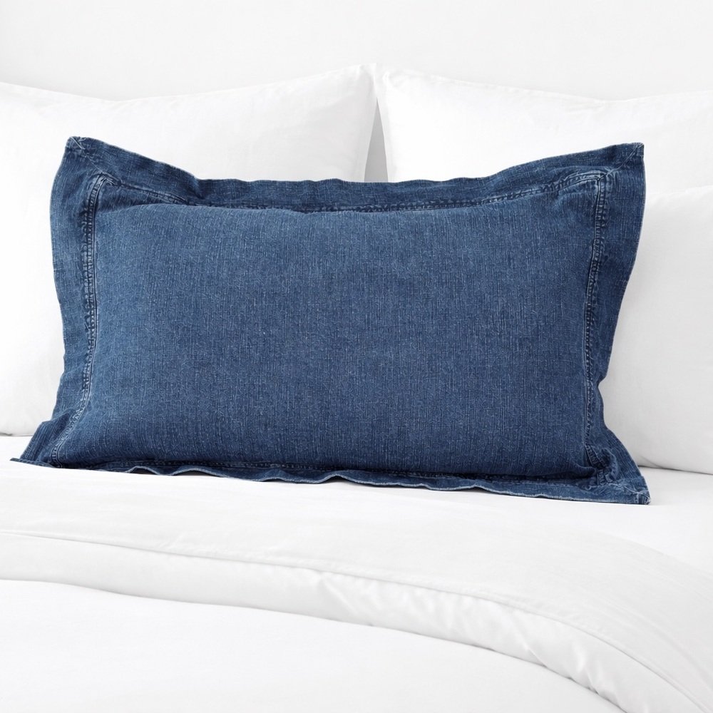 Pottery Barn Heavyweight Denim Pillow Sham Indigo Blue Framed Rustic Coastal EUC